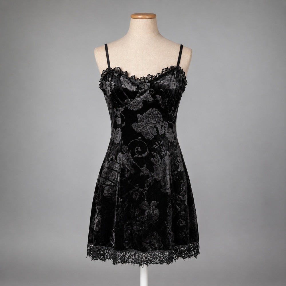 Floral Velvet Lace Babydoll Slip Dress Sz S Black Whimsigoth Witchy Fairy Grunge